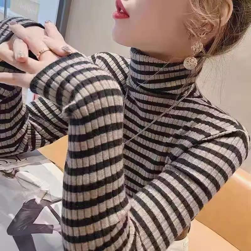 リブ編みボーダータートルネックセーター ボーダー服