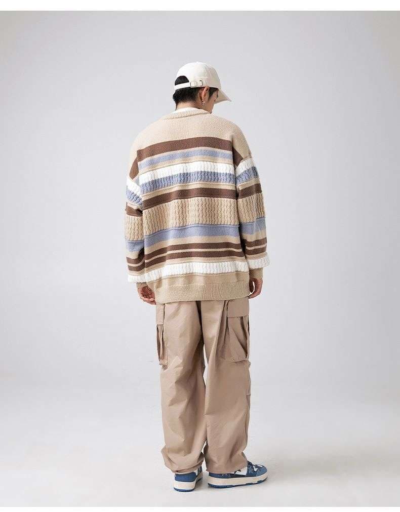 マルチボーダー柄ゆったりニットセーター ボーダー服
