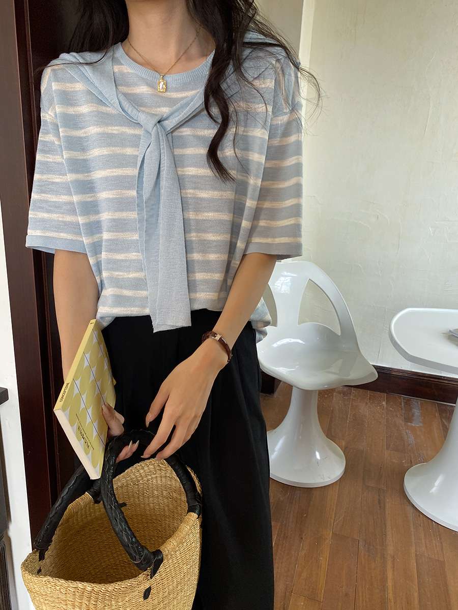 デザインリボン付きボーダーニット ボーダー服
