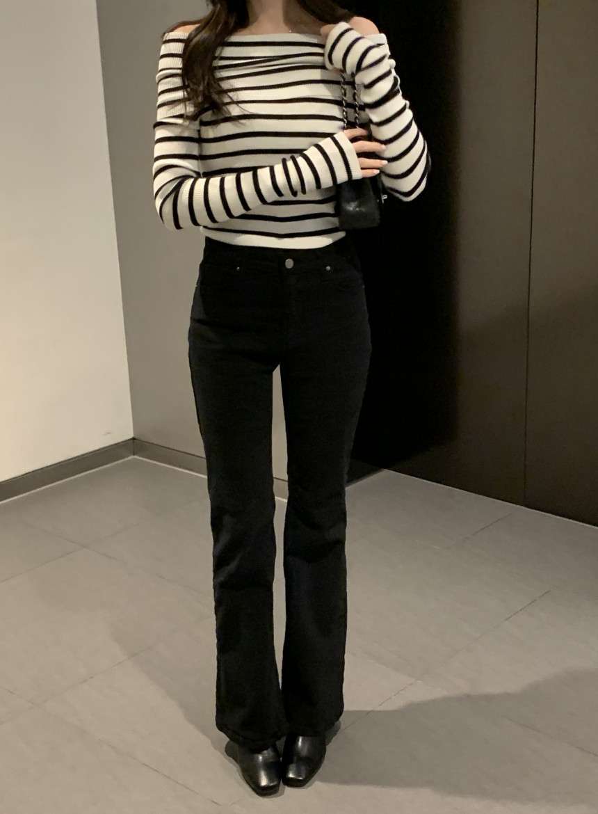 オフショルダー ボーダー リブニット ボーダー服