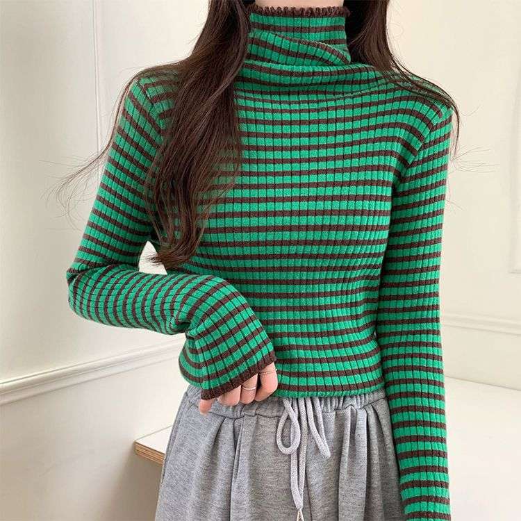 リブニット ボーダー タートルネック トップス ボーダー服