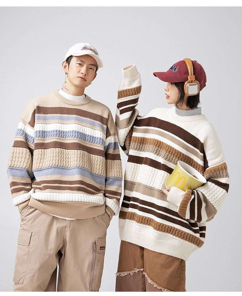 マルチボーダー柄ゆったりニットセーター ボーダー服