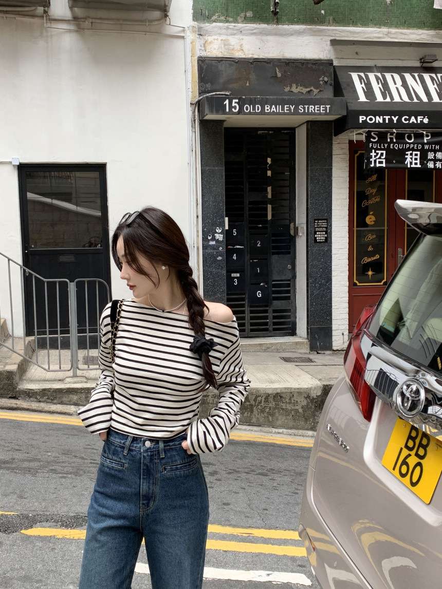 オフショルダー ボーダー ロンT ボーダー服