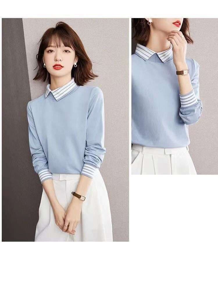 モダンストライプ襟デザイン長袖トップス ボーダー服