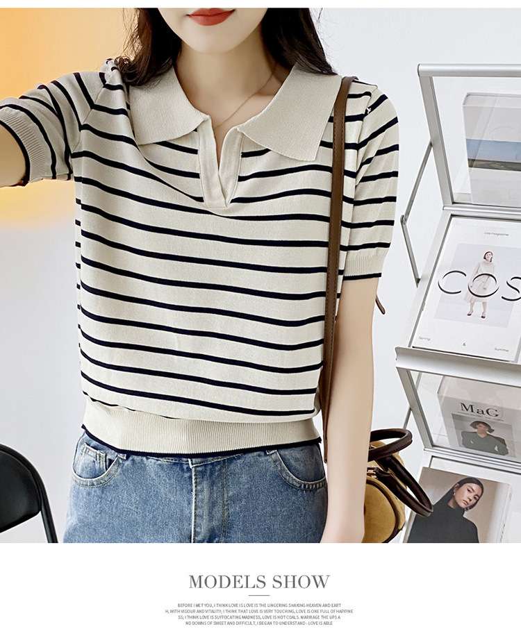 シンプル上品 夏のマリンスタイルポロシャツ ボーダー服