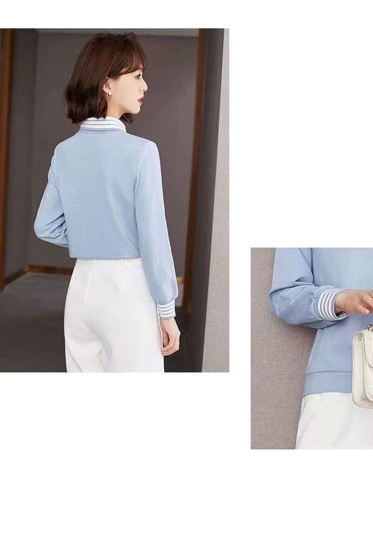 モダンストライプ襟デザイン長袖トップス ボーダー服