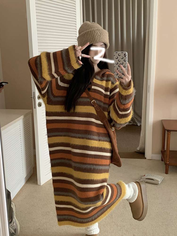 秋色ボーダーニットワンピース ボーダー服
