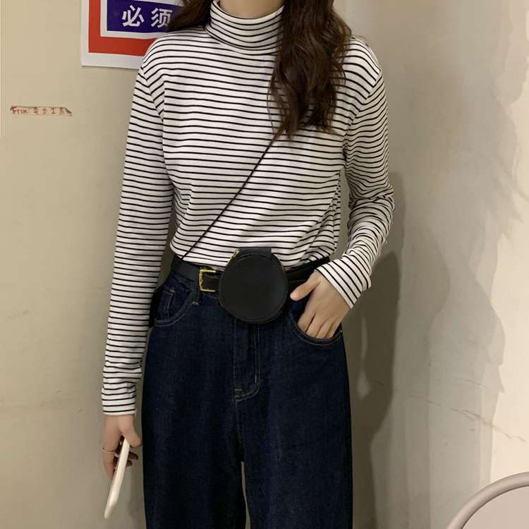 シンプルボーダータートルネック長袖トップス ボーダー服