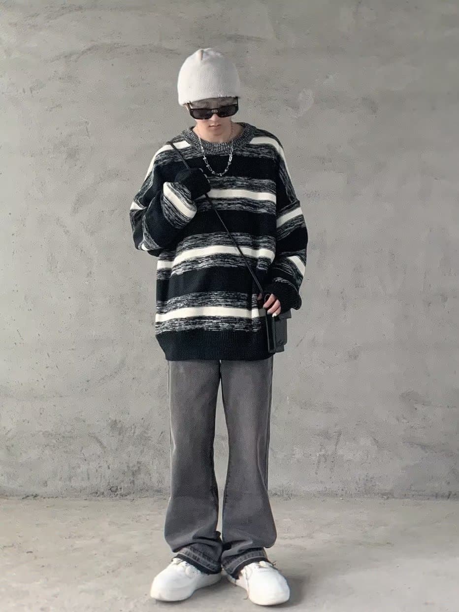 かすれボーダーニットプルオーバー ボーダー服