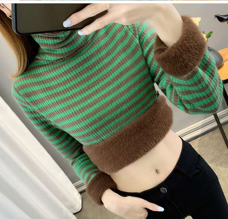 ボーダー柄クロップド丈タートルネックセーター ボーダー服