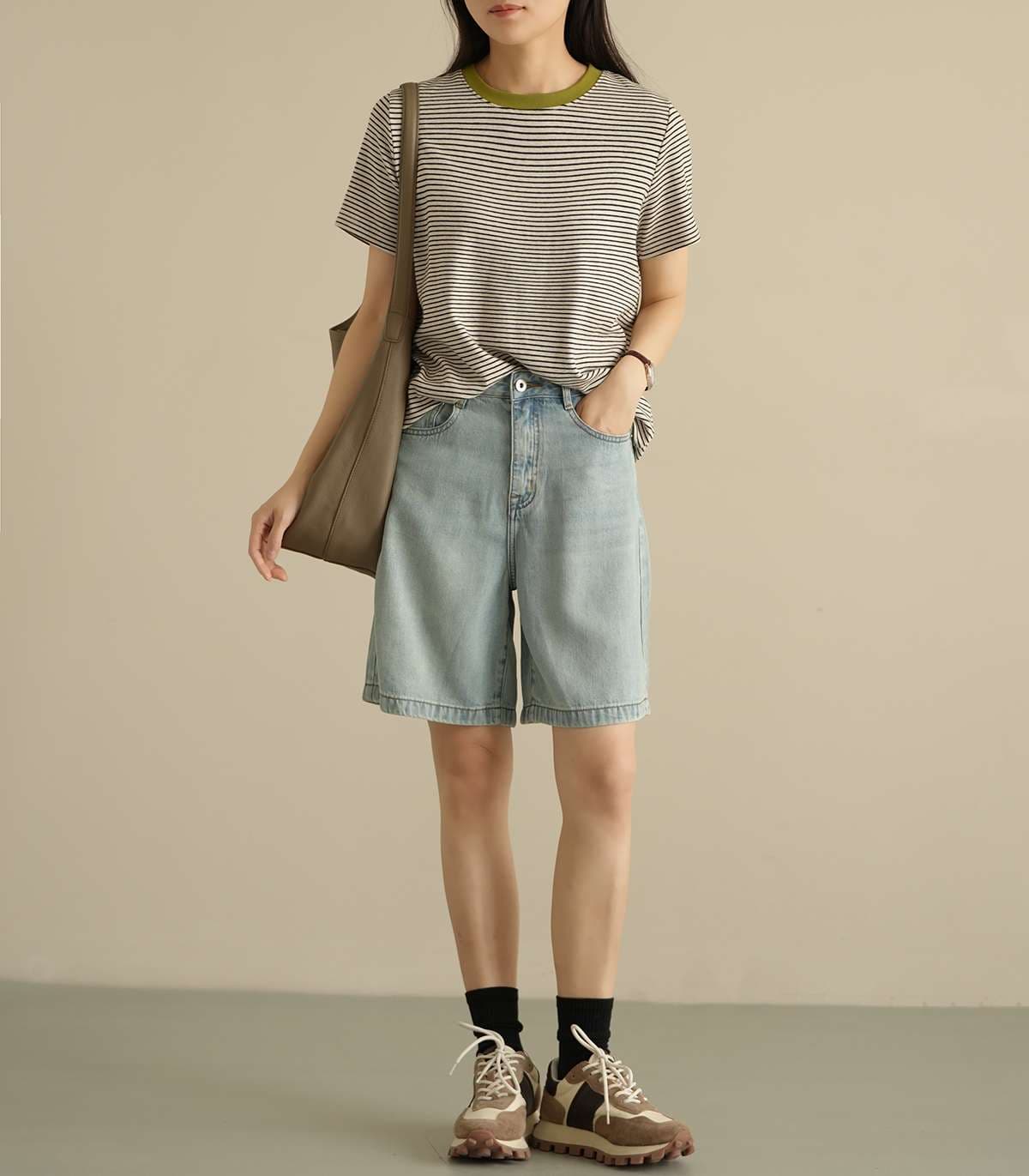 コントラスト襟 ボーダー柄 半袖Tシャツ ボーダー服