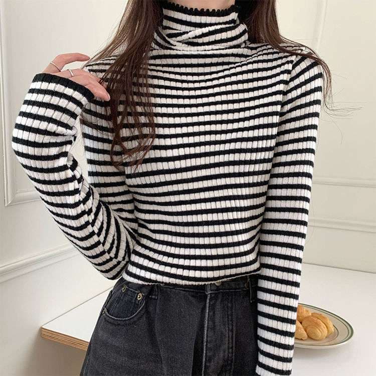 リブニット ボーダー タートルネック トップス ボーダー服