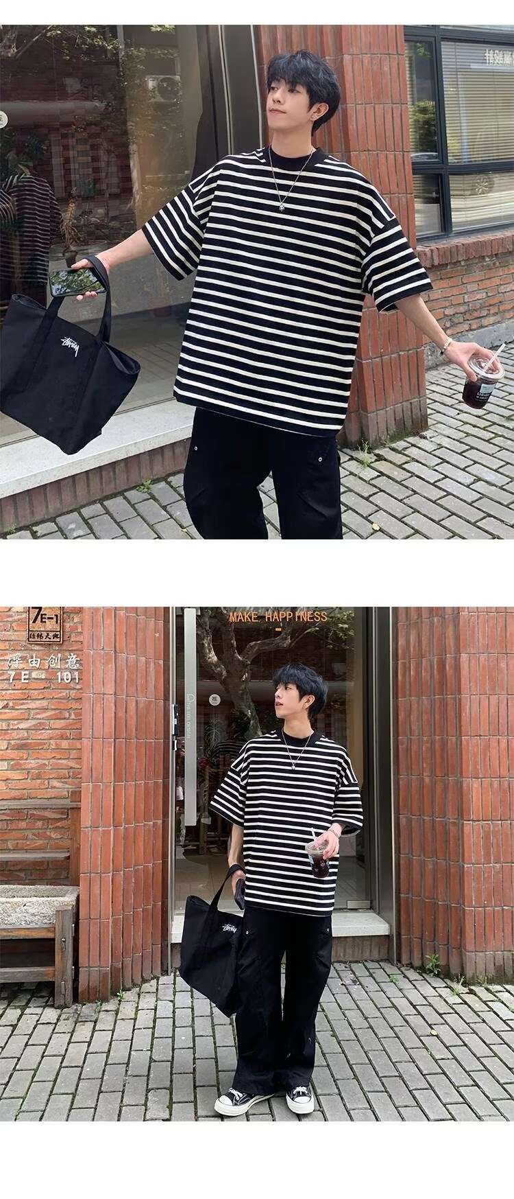 ゆったりボーダールーズシルエット半袖 ボーダー服