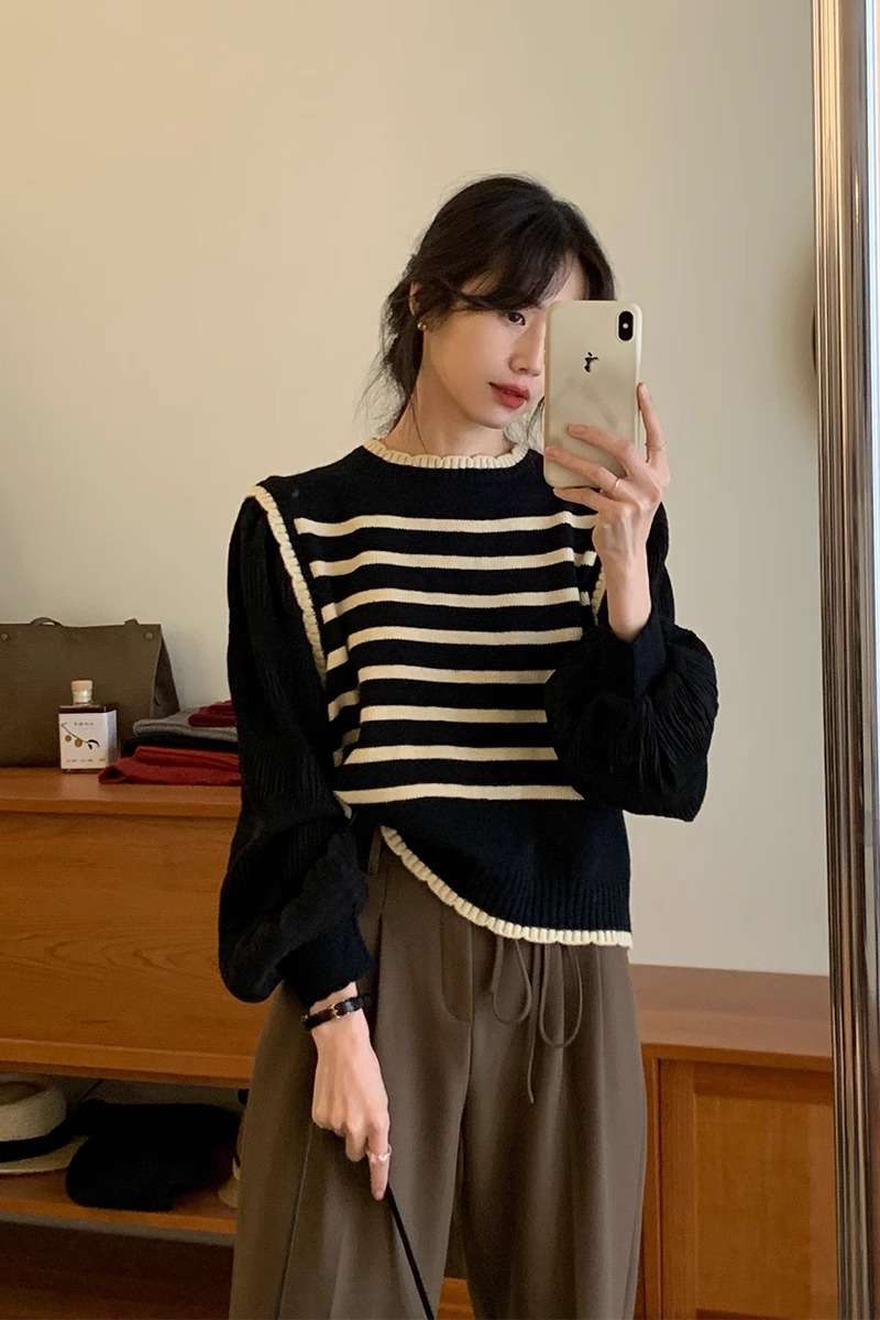 パフスリーブボーダーニット ボーダー服