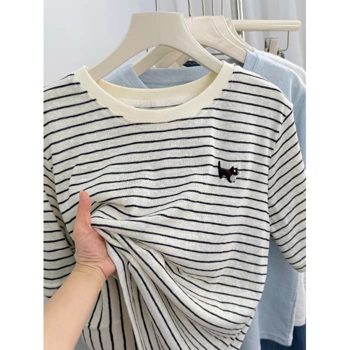 ボーダー服 ねこさん刺繍入りボーダーTシャツ