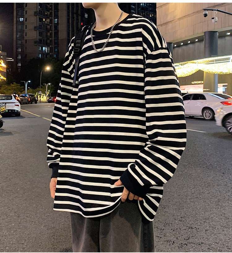 ゆったりオーバーサイズボーダーロングTシャツ ボーダー服