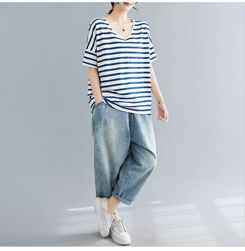 ゆったりVネックボーダーTシャツ ボーダー服