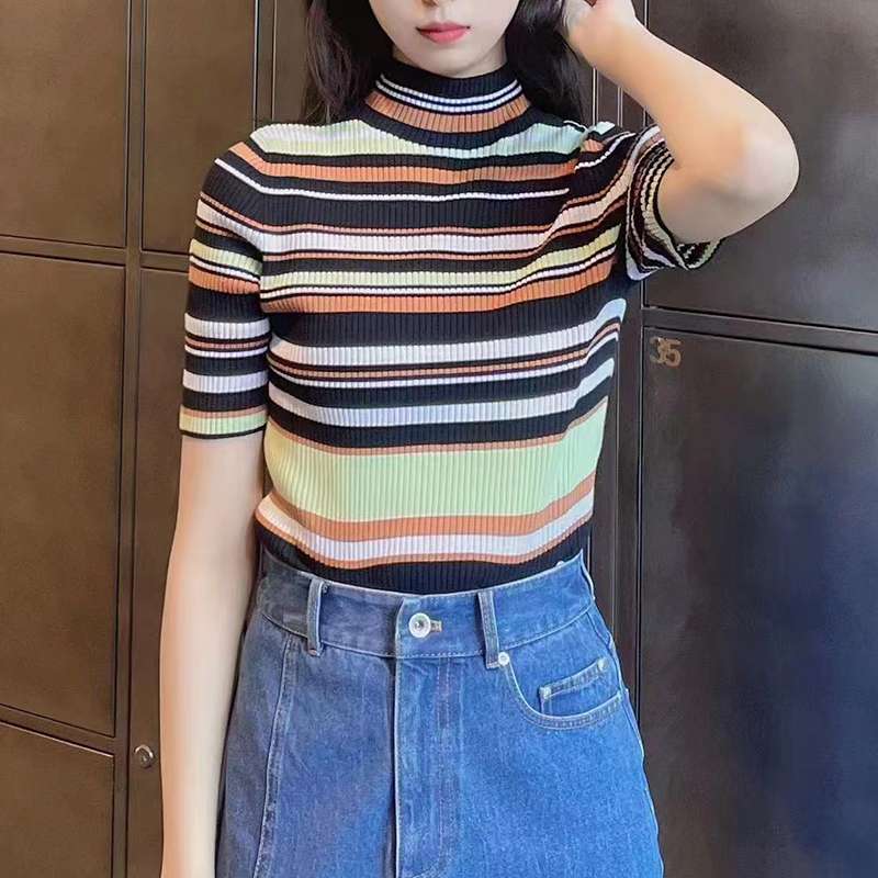 マルチボーダー柄リブ編みハイネックニット ボーダー服