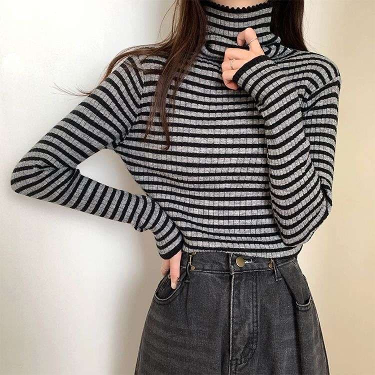 リブニット ボーダー タートルネック トップス ボーダー服