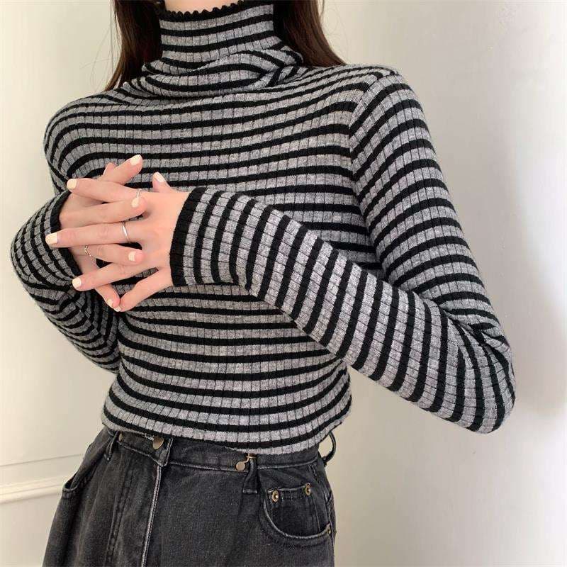 リブニット ボーダー タートルネック トップス ボーダー服