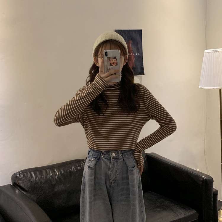 シンプルボーダータートルネック長袖トップス ボーダー服