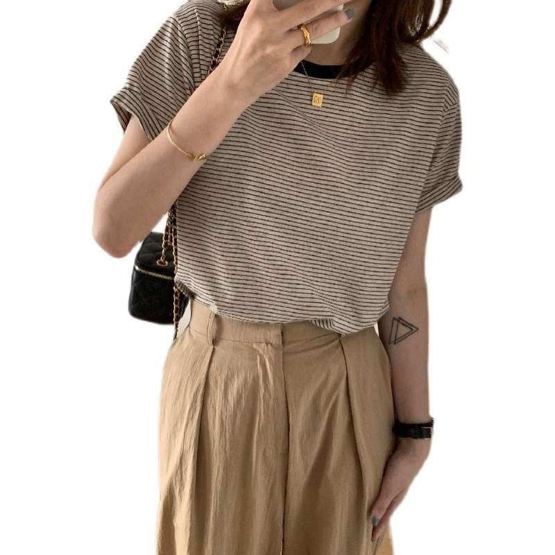 シンプル細ボーダー半袖カットソー ボーダー服