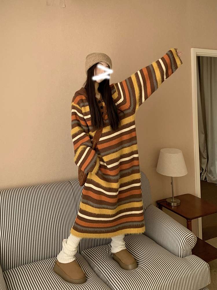 秋色ボーダーニットワンピース ボーダー服