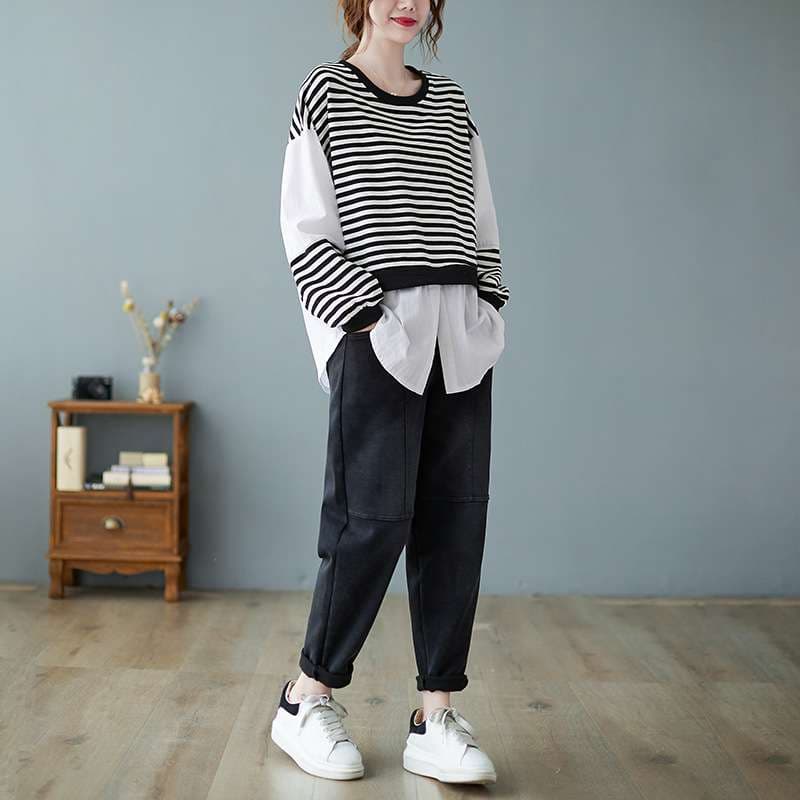 ゆったりボーダーレイヤードシャツ ボーダー服
