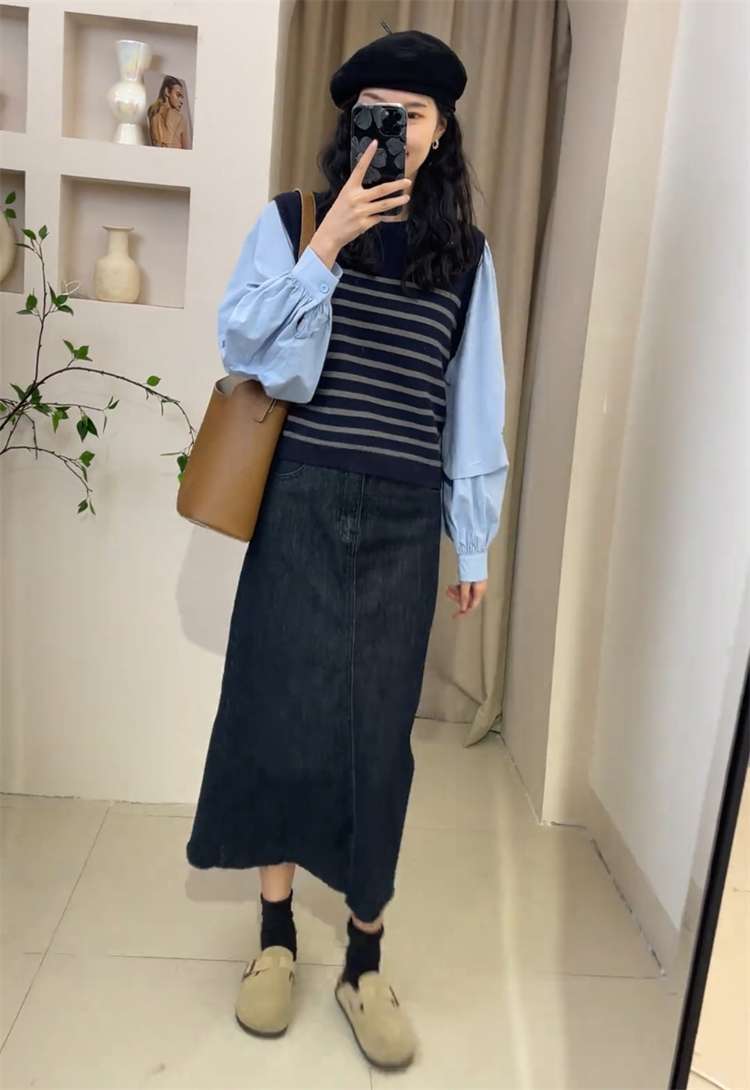 バルーン袖ボーダーニットベストシャツ ボーダー服