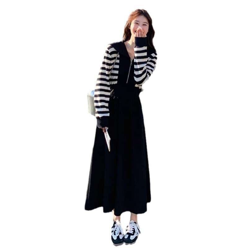 ボーダーニット長袖ジッパーワンピース ボーダー服