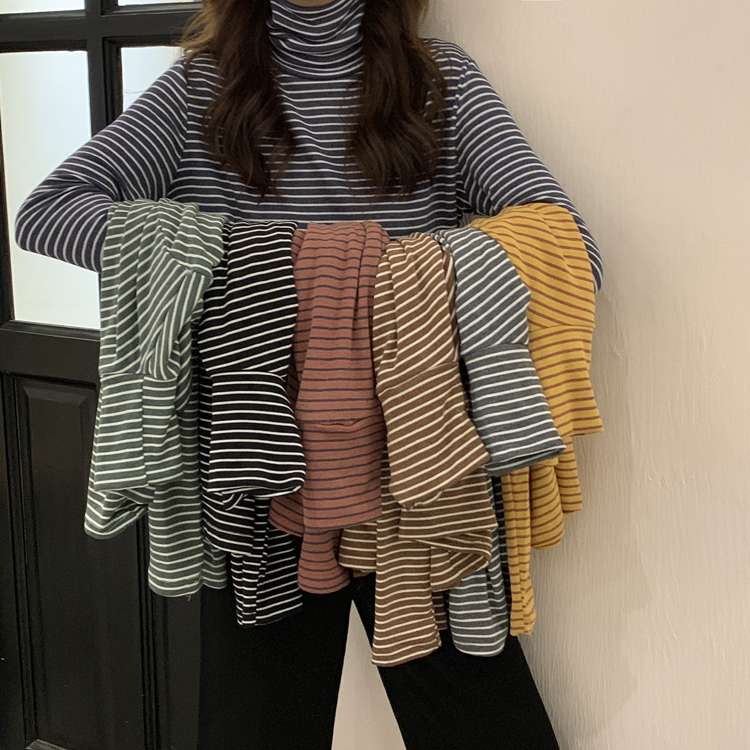 シンプルボーダータートルネック長袖トップス ボーダー服
