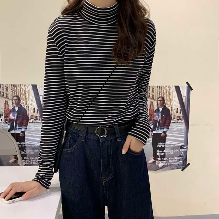 シンプルボーダータートルネック長袖トップス ボーダー服
