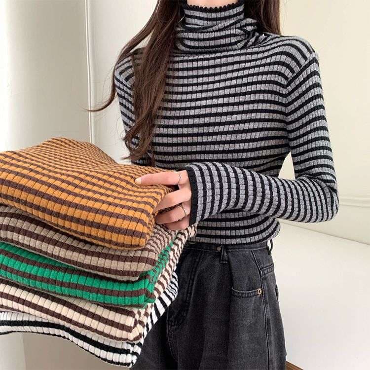 リブニット ボーダー タートルネック トップス ボーダー服