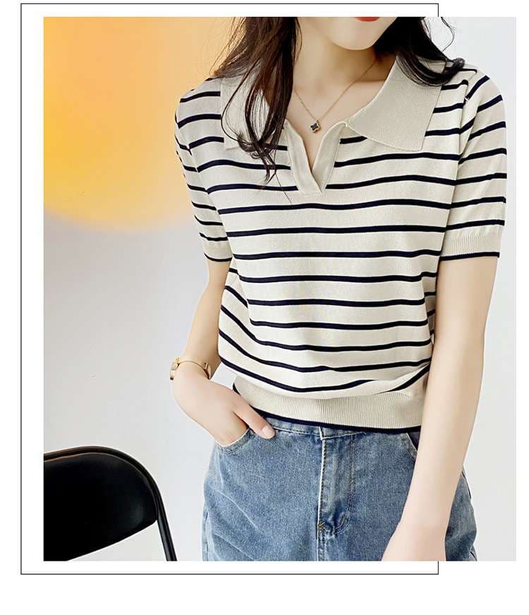 シンプル上品 夏のマリンスタイルポロシャツ ボーダー服