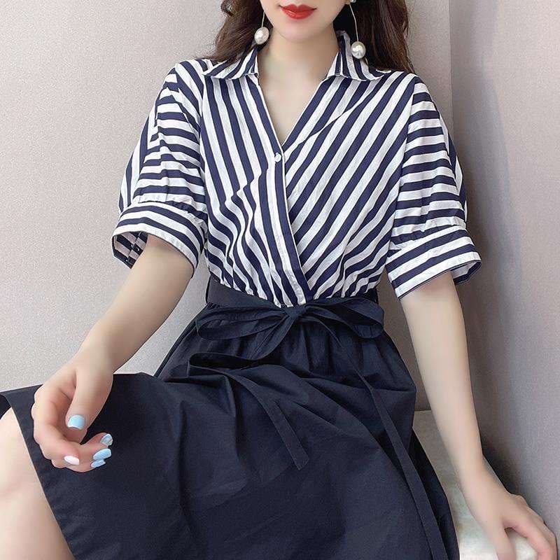 ストライプ柄ラップ風シャツワンピース ボーダー服