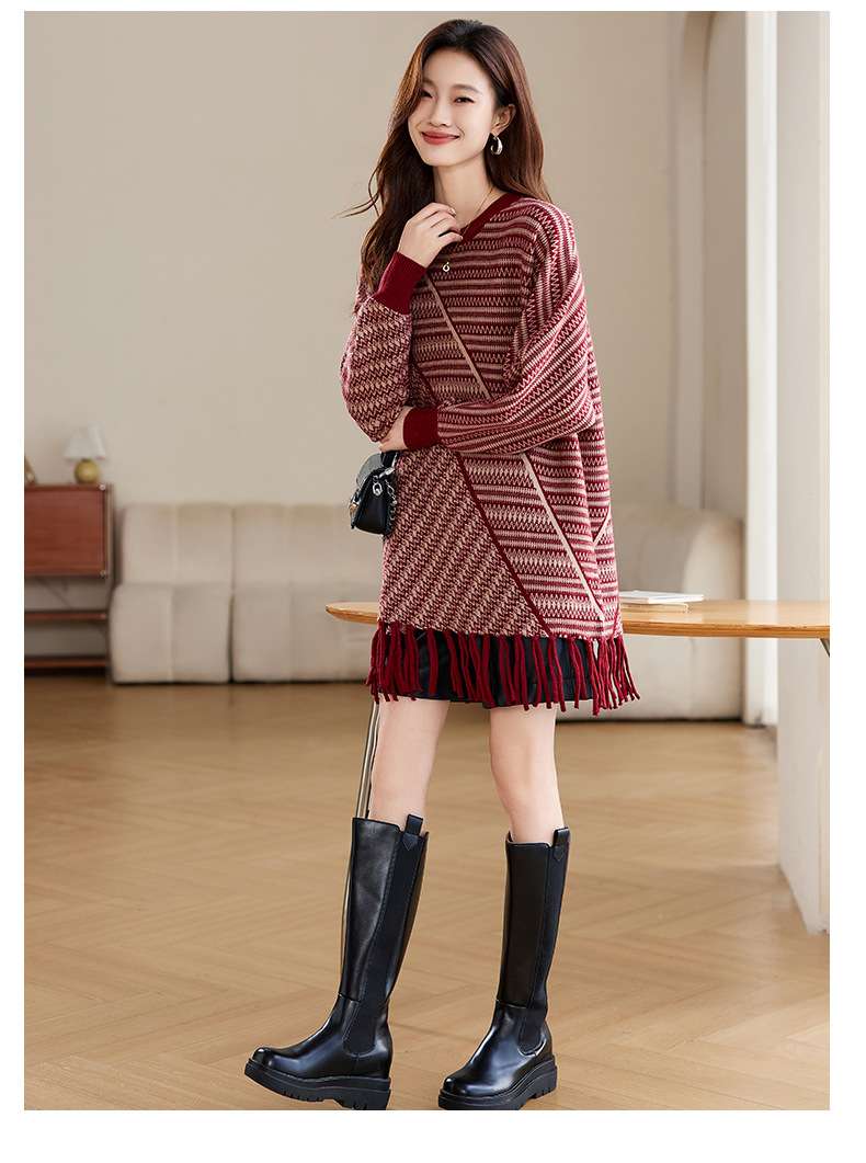 フリンジ付きボーダーニットワンピース ボーダー服