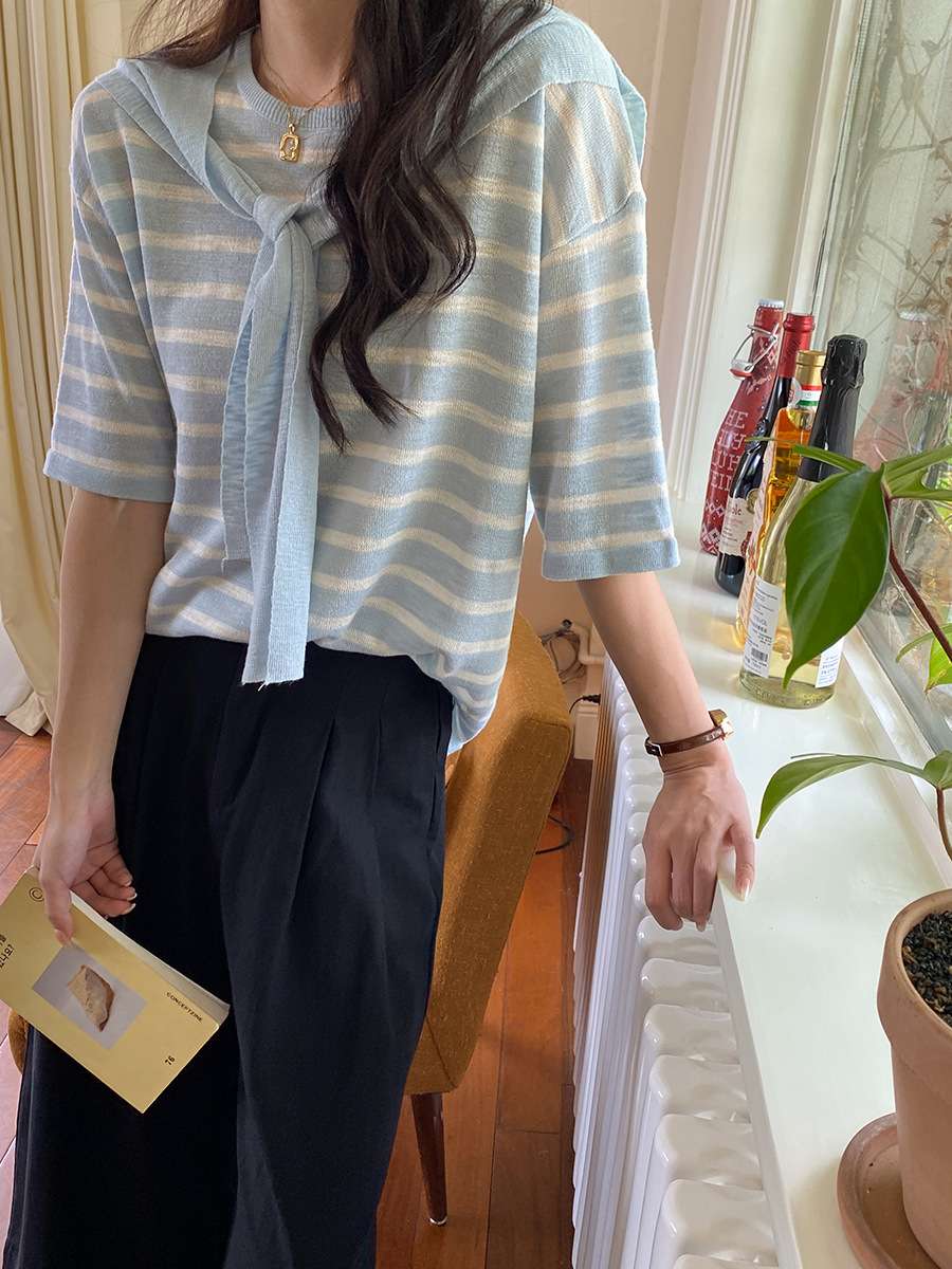 デザインリボン付きボーダーニット ボーダー服