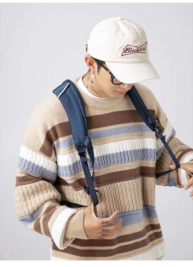 マルチボーダー柄ゆったりニットセーター ボーダー服