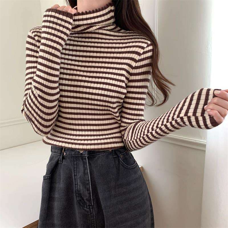 リブニット ボーダー タートルネック トップス ボーダー服