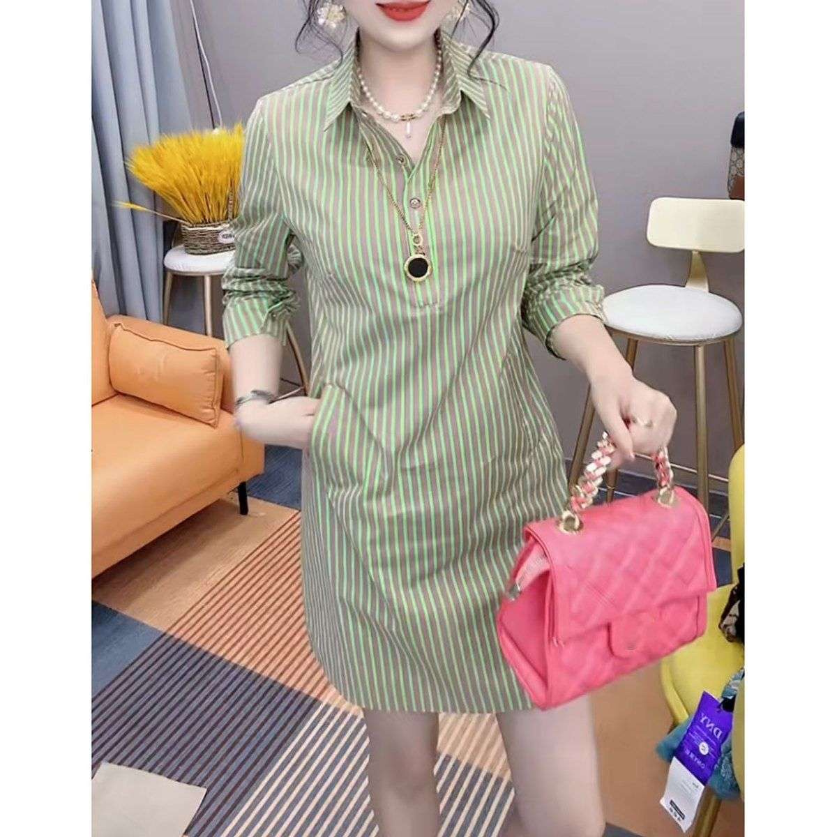 ストライプ柄シャツワンピース ボーダー服