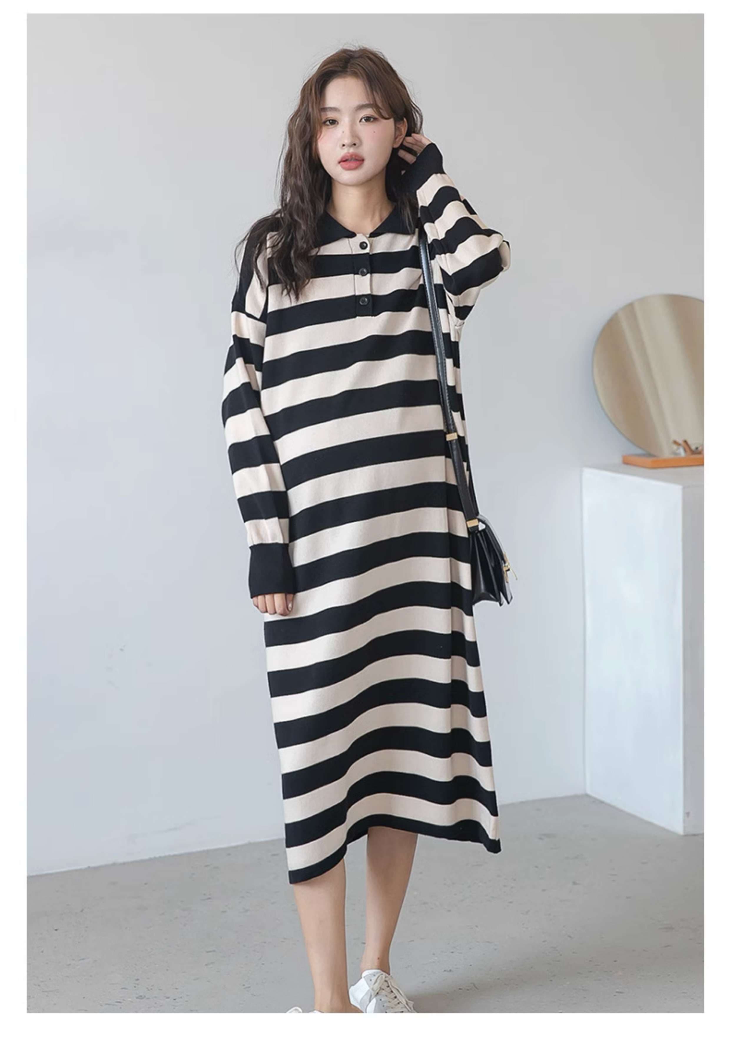 ストライプ柄ポロカラーニットワンピース ボーダー服