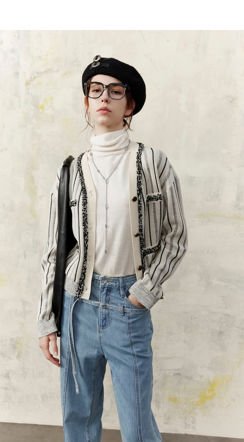 ボーダー服 上品飾り編みストライプカーディガン