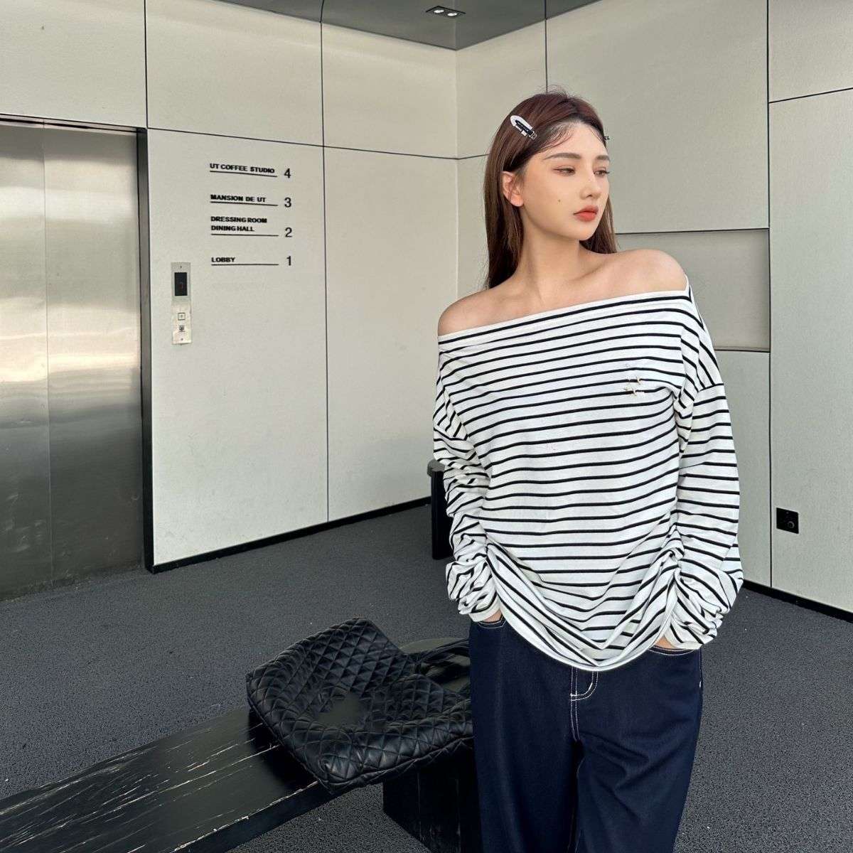 オフショルダーボーダーロンT ボーダー服