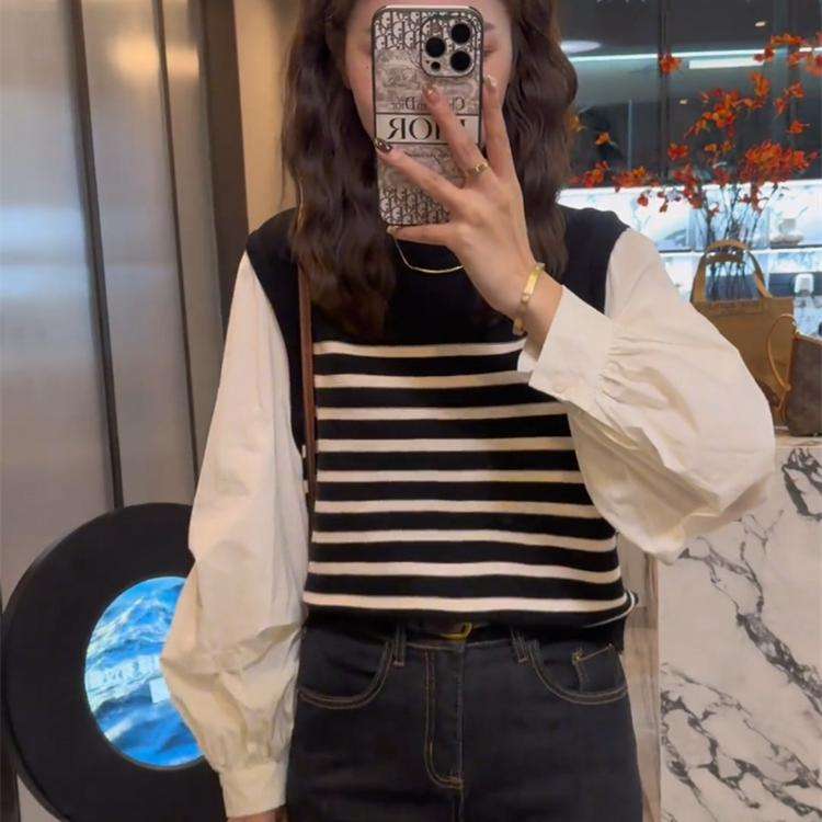バルーン袖ボーダーニットベストシャツ ボーダー服