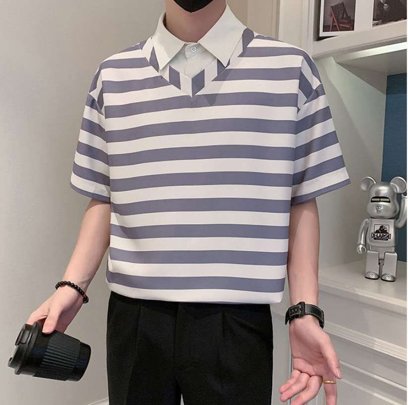 ボーダー柄カレッジ風半袖シャツ ボーダー服