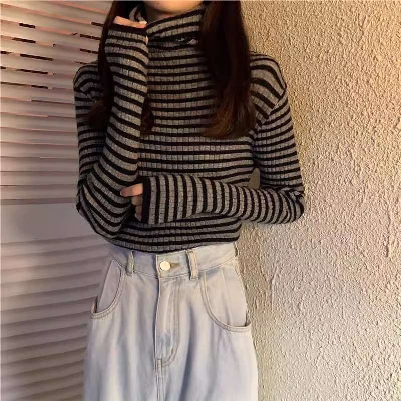 リブ編みボーダータートルネックセーター ボーダー服