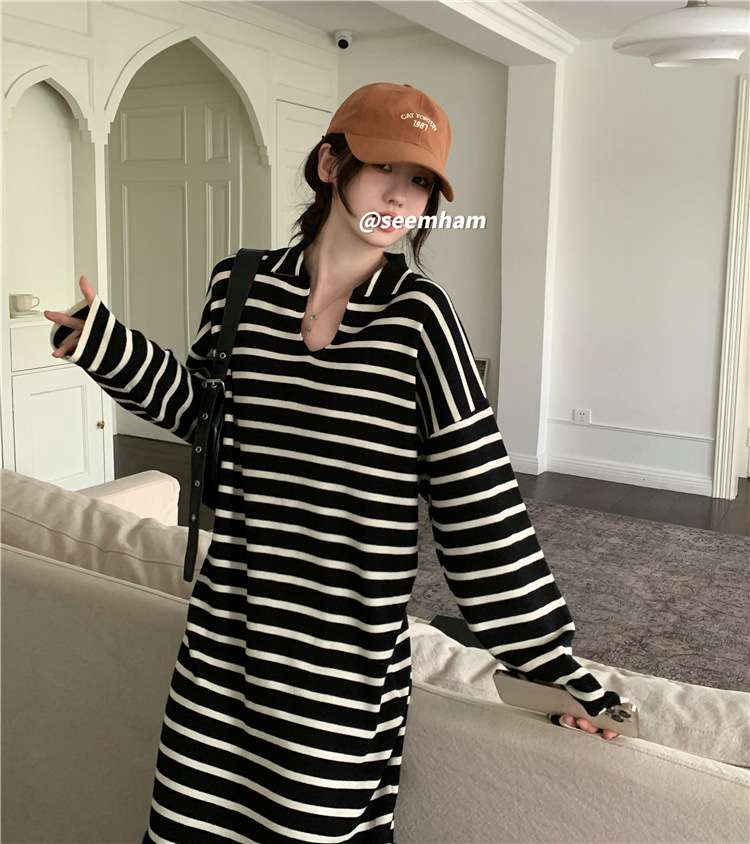 オーバーサイズVネックボーダーワンピース ボーダー服