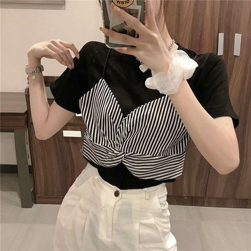 重ね着風ボーダーキャミレイヤードシャツ ボーダー服