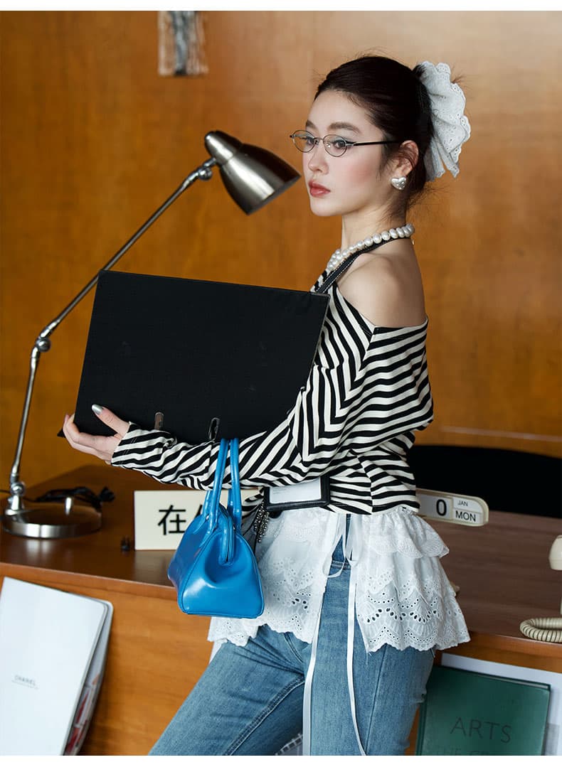 ボーダー服 フリル付きボーダー七分袖カットソー