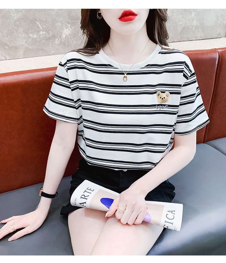 クマ刺繍入りボーダーゆるTシャツ ボーダー服